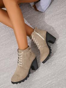 女士时尚粗跟踝靴和短靴。靴子，粗跟切尔西靴，直筒靴，潜水靴，与裤子完美搭配 - 卡其色 - 查看 5