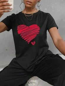 心形圓領短袖t卹 - 黑色 - 查看 5