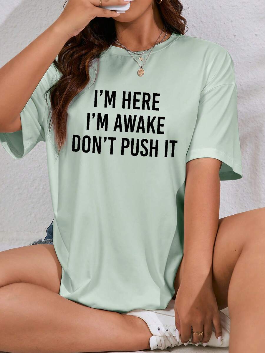 SHEIN EZwear Kích thước lớn Của phụ nữ Lá thư In Áo thun - Màu xanh Bạc hà - Xem 1