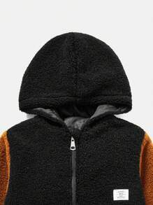 SHEIN Tween Boy Two Tone Letter Patched Detail Zipper Hooded Fleece Jacket - Brown - View 5