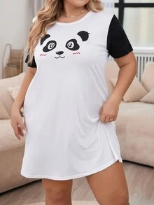 Plus Size Cartoon Printed Short Sleeve Nightdress - Black and White - View 4