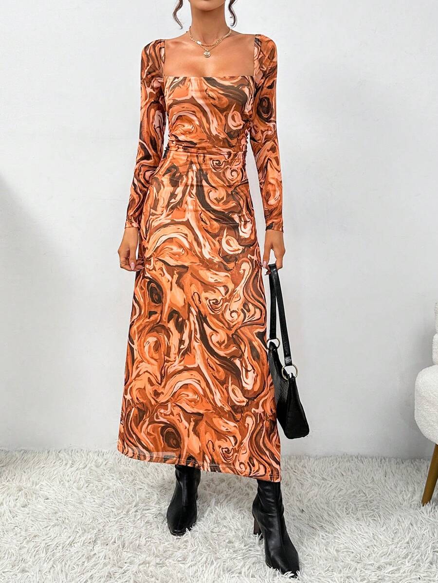 SHEIN Essnce In Đá cẩm thạch Cổ vuông Đầm - Nhiều màu - Xem 1