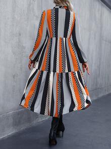 SHEIN LUNE Tie Neck Lantern Sleeve Ruffle Hem Smock Dress - Orange - View 2