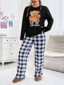 SHEIN EZwear 女士卡通熊與字母印花上衣與格子褲套裝 - 彩色 - 查看 5