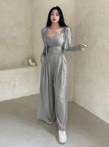 DAZY Solid Color Minimalist Top & Pants Women's Set,Women Two Piece Sets