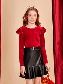 SHEIN 青少女針織純色荷葉邊連衣裙套裝，圓領上衣和Pu純色裙子套裝 - 紅色 - 查看 4