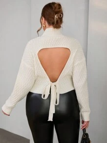 SHEIN Privé Của phụ nữ Kích thước lớn Đứng cổ áo Trở lại Xu hướng: Cắt giảm Thanh lịch Áo len - Màu be - Xem 1