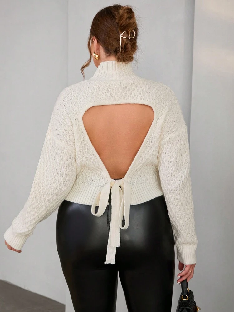 Women'S Plus Size Stand Collar Back Hollow Out Elegant Sweater