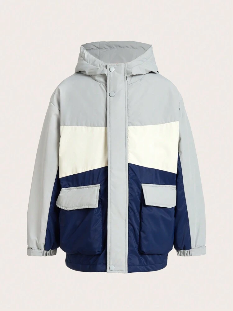 Tween Boy Sports & Outdoors Three-Color Patchwork Warm Padded Coat, Windproof, Protecting, Stylish, Comfortable, Suitable For Hiking