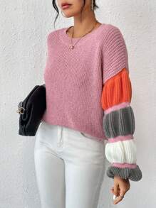 Chiquease Color Block Virago Sleeve Drop Shoulder Knit Pullover Fall Winter Sweater - Pink - View 3
