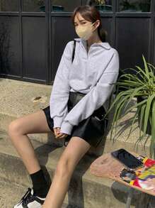 DAZY Của phụ nữ Thả vai Collared Áo nỉ - Xám - Xem 8