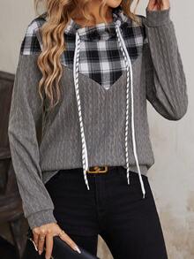 EMERY ROSE Plaid Print Drawstring Hooded Sweatshirt - Dark Grey - View 4