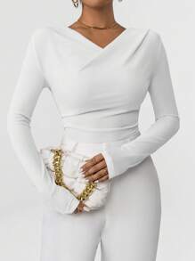 Firerie 女款v領純色條紋修身長袖t卹 - 白色 - 查看 4