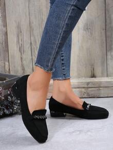 女性平底樂福鞋帶低跟,黑色水鑽裝飾細部絲絨,瑪麗珍女鞋和樂福鞋風格 - 黑色 - 查看 1