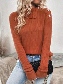 SHEIN LUNE Sweter z asymetrycznym dekoltem i guzikami, z obniżonymi ramionami, na jesień i zimę - Rdzawy brązowy - Zobacz 3