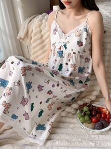 DAZY Cartoon Graphic Contrast Lace Cami Nightdress Pajama - Beige - View 7