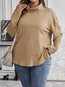 SHEIN LUNE Áo thun cổ đứng hở vai cỡ lớn cho nữ - Màu Khaki - Xem 1