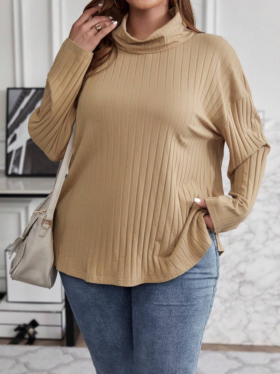 SHEIN LUNE Áo thun cổ đứng hở vai cỡ lớn cho nữ - Màu Khaki - Xem 1