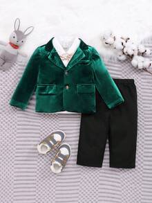 SHEIN Đứa bé trai Ngực đơn Nhung Áo vest & Quần tây & Nơ Áo sơ mi - Nhiều màu - Xem 7