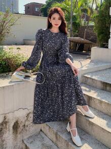 Dazy Star Ditsy Floral Print Flare Sleeve Dress,Ruffle,Fall Clothes - Royal Blue - View 5
