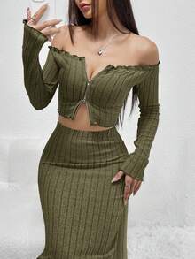 SHEIN EZwear Top Sin Hombros Con Cierre Frontal Y Conjunto De Falda - Verde militar - Ver 5
