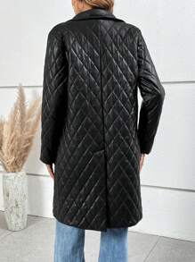 SHEIN LUNE Women's Long Lapel Diamond Quilted Jacket - Black - View 2