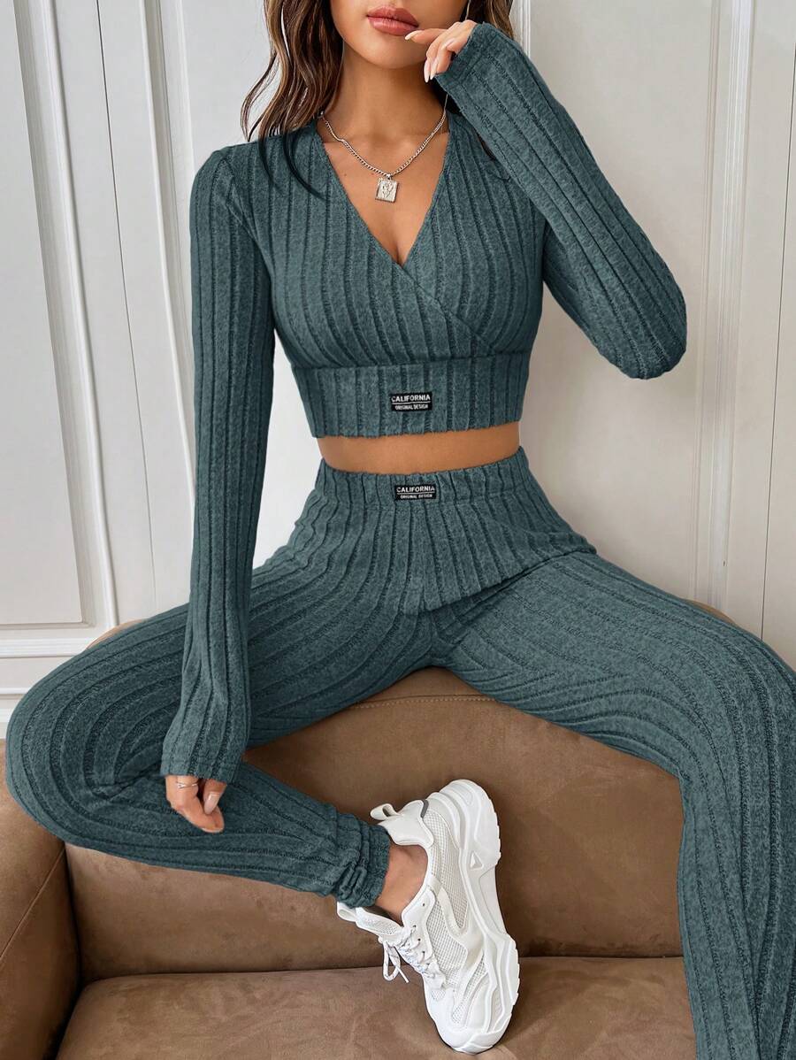 SHEIN EZwear 休閒貼布 交叉 羅紋針織字母女士兩件套 - 霧霾藍 - 查看 1