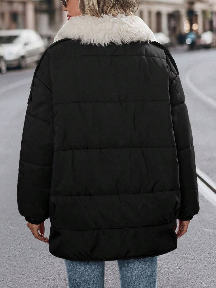 Borg Collar Drop Shoulder Slant Pockets Padded Padded Coat Clothes Winter Fall Cloth For Women