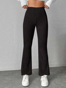 SHEIN PETITE Solid Ribbed Knit Flare Leg Pants - Black - View 1
