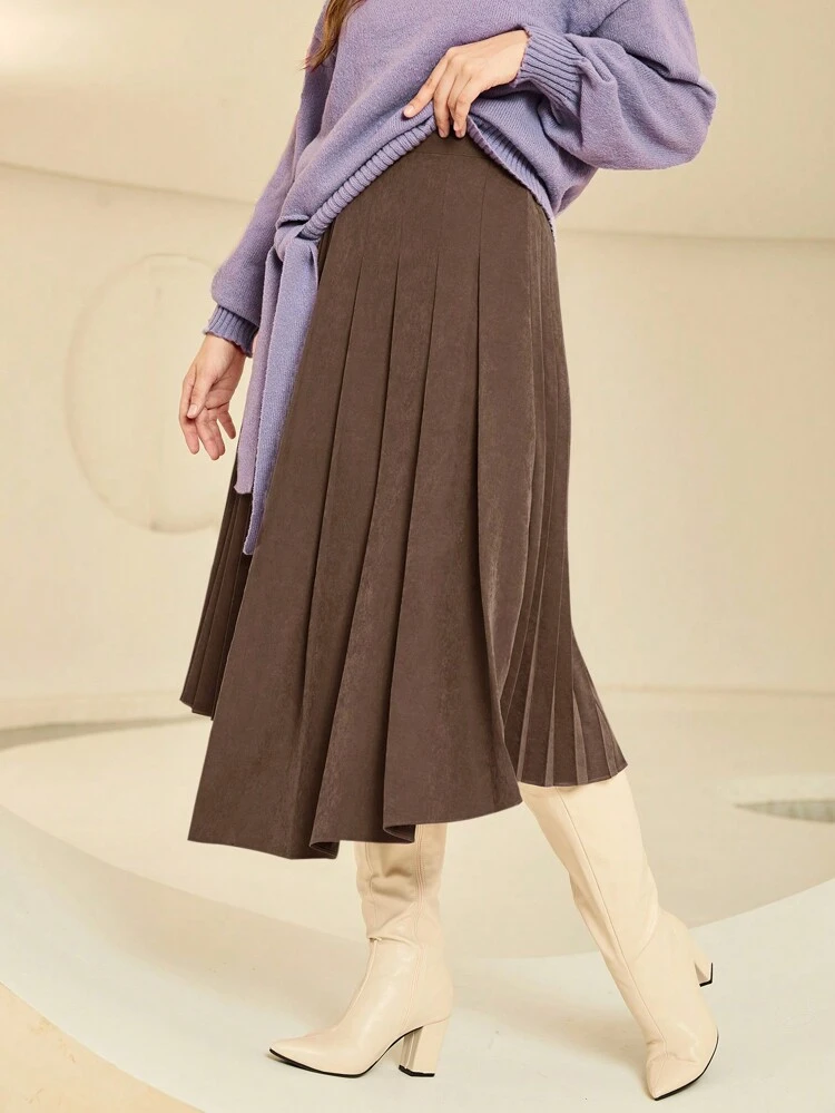 Solid Pleated Asymmetrical Hem Skirt
