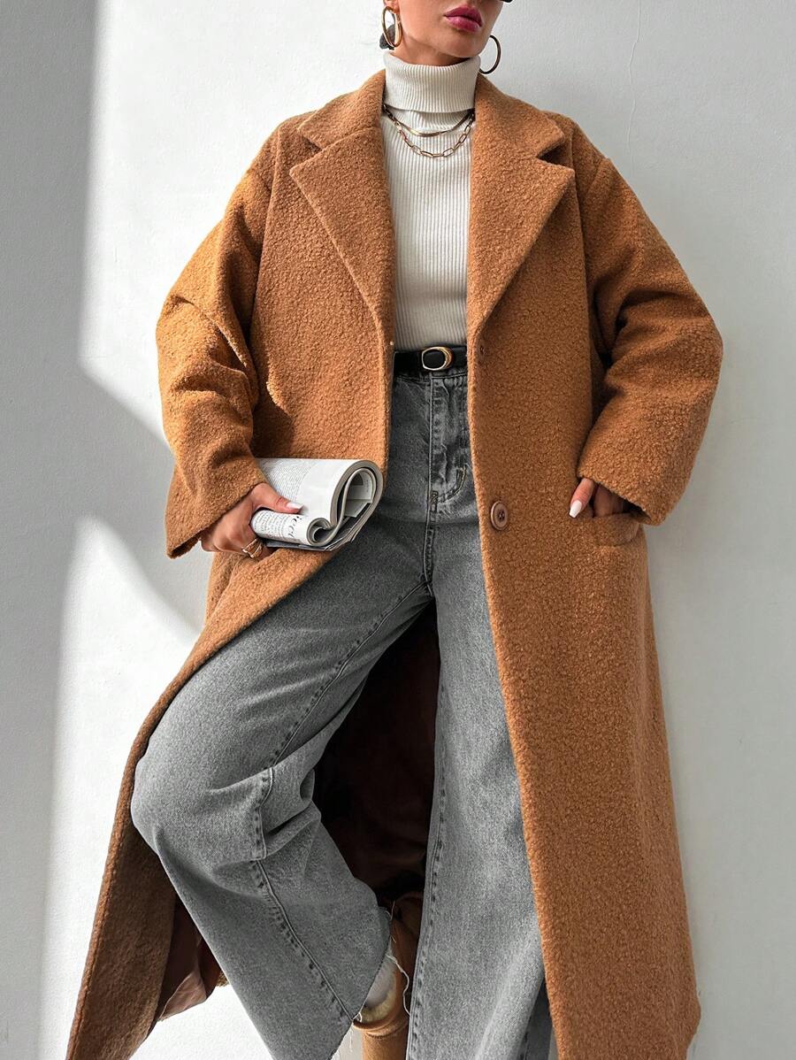 EURMUSE Lapel Neck Dual Pocket Drop Shoulder Overcoat - Camel - View 1