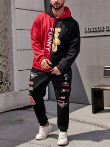 Manfinity LEGND Men Plus Colorblock Letter Graphic Drawstring Hoodie & Sweatpants