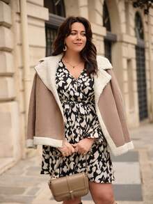 SHEIN Frenchy Plus Teddy Lined Open Front Coat - Brown - View 6