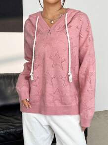 Flirla Star Pattern Drop Shoulder Drawstring Hooded Pointelle Knit Pullover Fall Winter Sweater - Pink - View 1