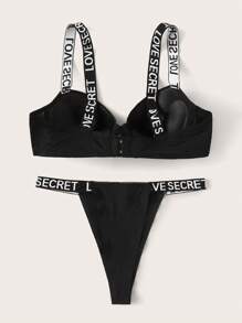 طقم صدرية سلكية وسروال جي-سترينج ذو نمط حرفي بسيط - الأسود - مشاهدة 3