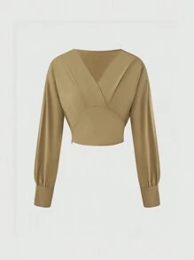 SHEIN Unity Women's Lantern Sleeves Solid Color Shirt - Khaki - View 1