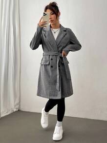 Flirla 翻蓋細節雙排釦腰帶花呢外套 - 深灰色 - 查看 3