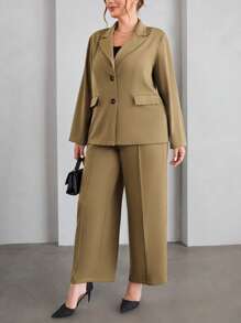 SHEIN Essnce Plus Solid Blazer & Wide Leg Pants - Khaki - View 4