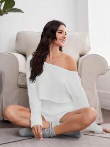 Miss Vinta Bộ trang phục thoải mái thường ngày trễ vai màu trơn màu trắng, quần áo mùa thu đông - trắng - Xem 4