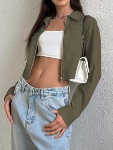 SHEIN Unity Women's Color Block Short Cropped Jacket With Pockets - Army Green - View 6