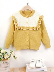 SHEIN Young Girl Two Tone Ruffle Trim Cardigan