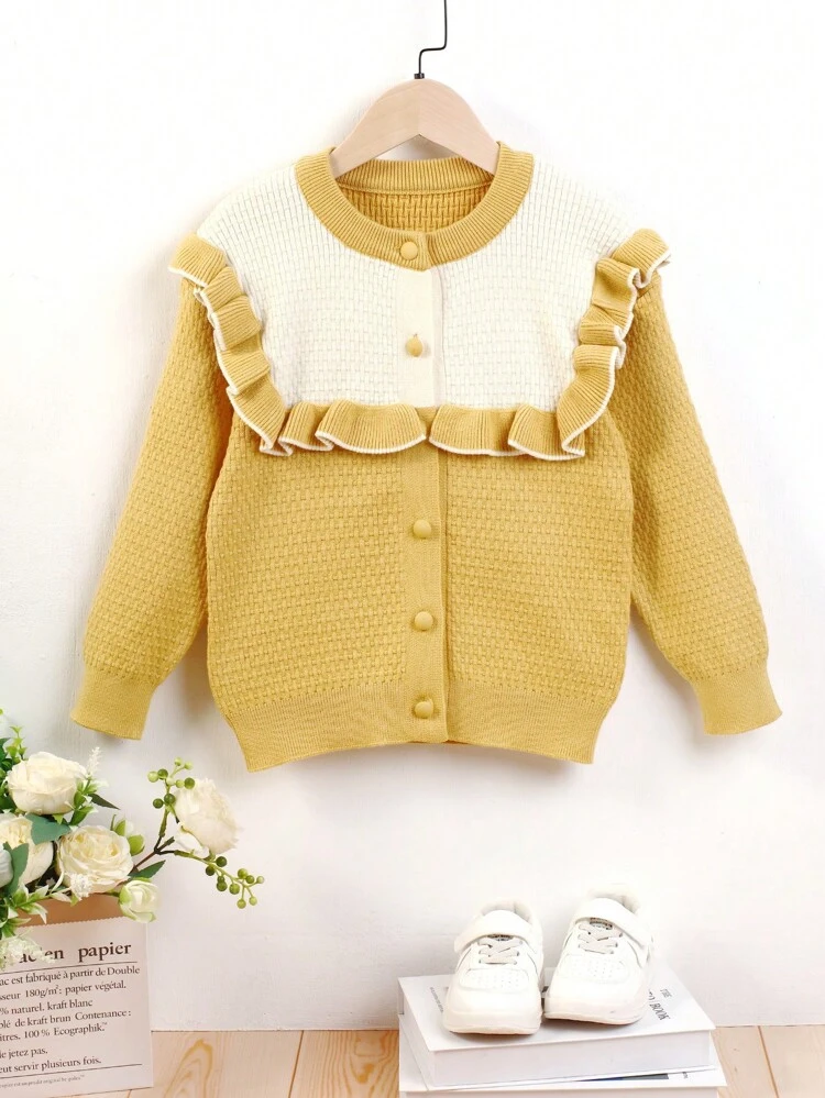 Young Girl Two Tone Ruffle Trim Cardigan
