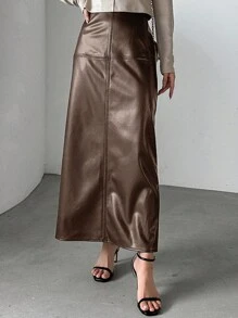 DAZY 纯色后开叉裙、铅笔裙、秋装皮裙 - 咖啡棕 - 查看 1