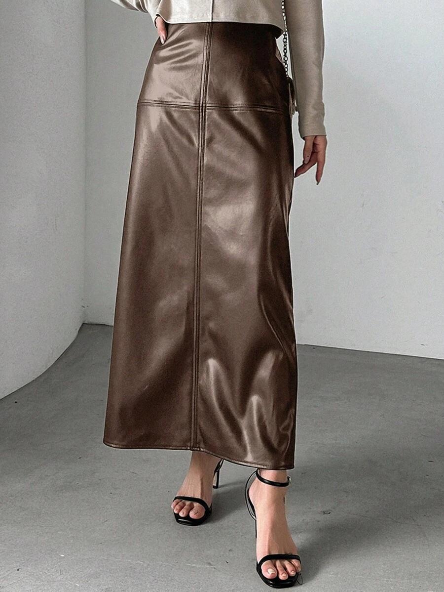 DAZY 纯色后开叉裙、铅笔裙、秋装皮裙 - 咖啡棕 - 查看 1