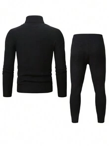 Manfinity Homme 男士麻花編織高領套頭毛衣和針織褲 - 黑色 - 查看 2