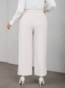 SHEIN Privé Plus-size Solid Color Wide Leg Pants - Khaki - View 3