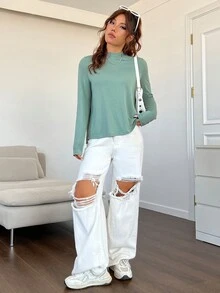 SHEIN EZwear 素色小高領T恤 - 綠色 - 查看 5