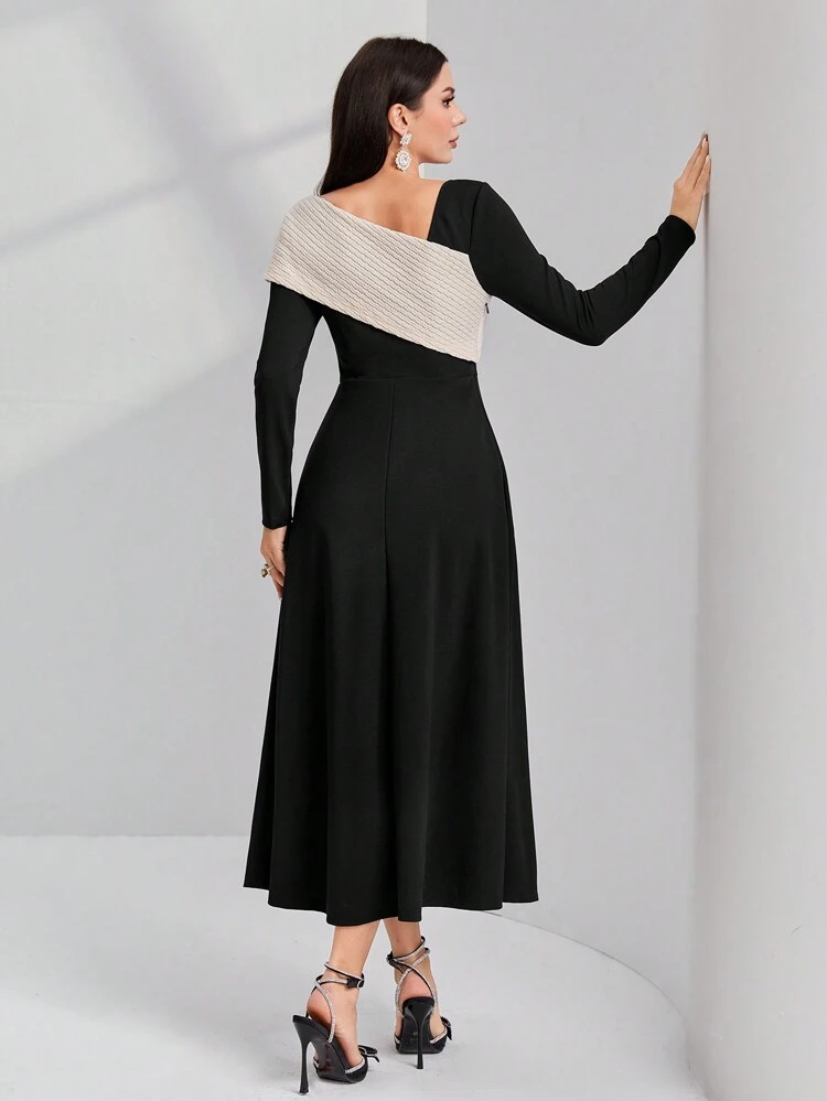 Women's Color Block Asymmetrical Neckline Dress Without Belt Long Evening Dresses