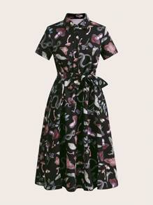 ROMWE Fairycore 女用蘑菇與蛇印花羈扣襯衫洋裝 - 黑色 - 查看 1