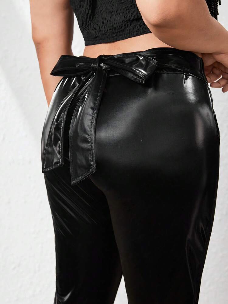 Plus Size Shiny Back Knot Stretch Leggings